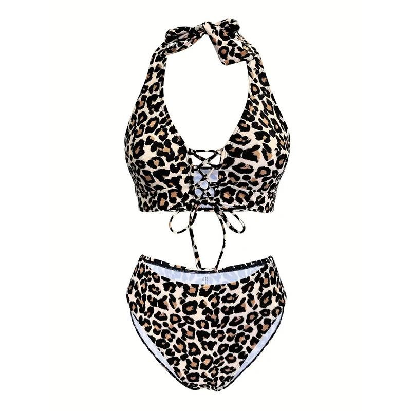 Women's V Neck Sleeveless Leopard Print Bikini Set Sexy Push-Up 2 Piece Set Animal Print Swimwear