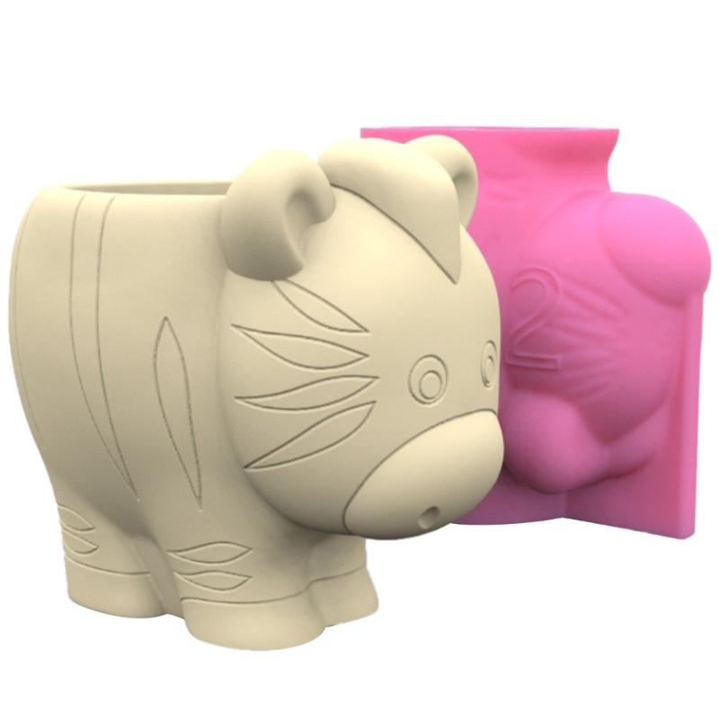 Cute Zebra Fox Concrete Flower Pot Silicone Mold Candle Pen Holder Resin Mold Animal Succulent Planter Pot Mold DIY Art