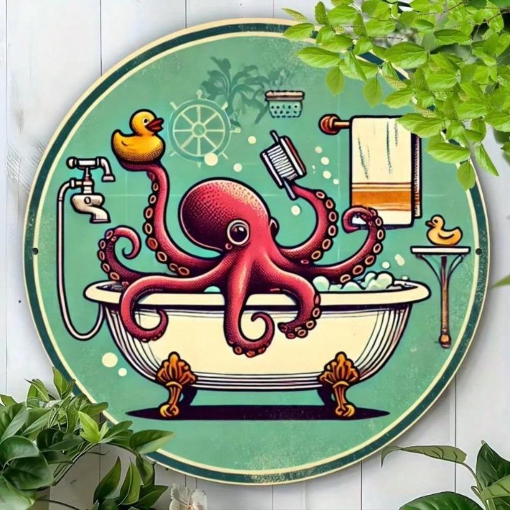 Vintage Tin Wall Decor Circular Ocean Octopus Bath Art