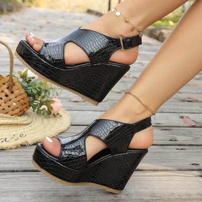Zwarte Lakleren Sleehak Sandalen Dames Peep Toe Chunky Platform Sandalen Vrouw 2025 Zomer Dikke Zool Strand Sandalias Mujer
