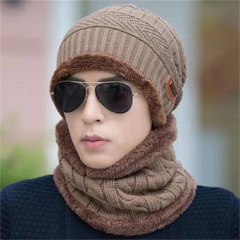 

Winter Mens Beanie Hat And Scarf Set Warm Fleece Knitted Cap Couple Unisex Khaki