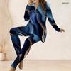 Women Plus Size Two Piece Pants Set Front Half Zip Long Sleeve Printed Longline Top Fitted Turquoise Pants