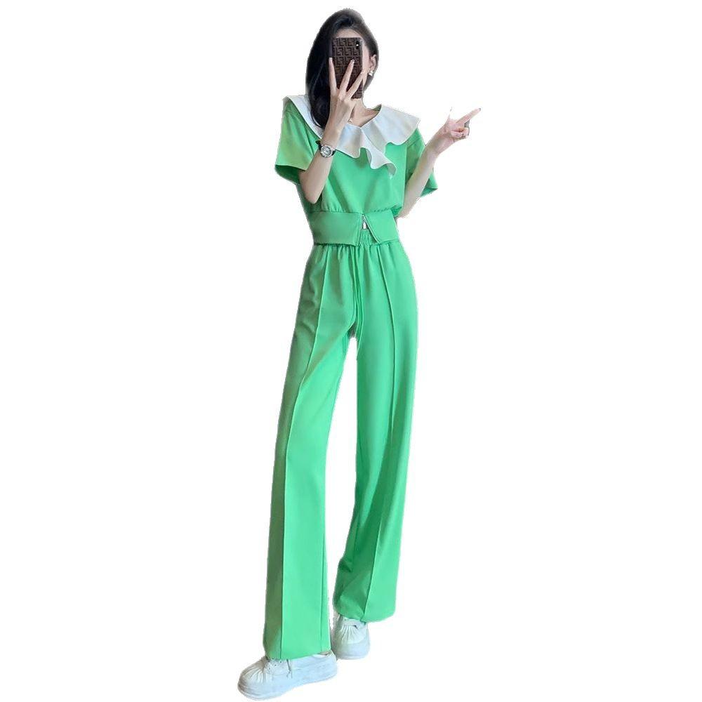 Fashionable Casual Sports Suit for Women Summer Sweet Temperament Short-sleeved Wide-leg Pants Two-piece Set