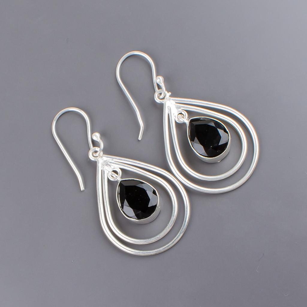 Black Onyx Gemstone 925 Sterling Silver Handmade Jewelry Earrings 2.00" For Gift EE-34-16