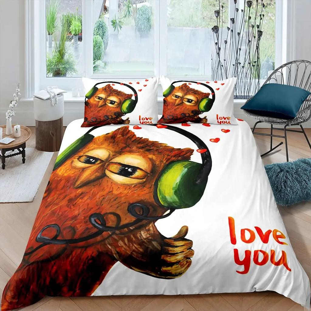 Owl King Queen Duvet Cover Adorable Funny Cartoon Animal Bedding Set for Kids Boy Colorful Wildlife 2/3pcs Polyester Quilt Cover
