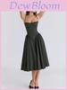 Elegant Strap Midi Dress With High Waist And Button Zipper For Teen Casual Wear
