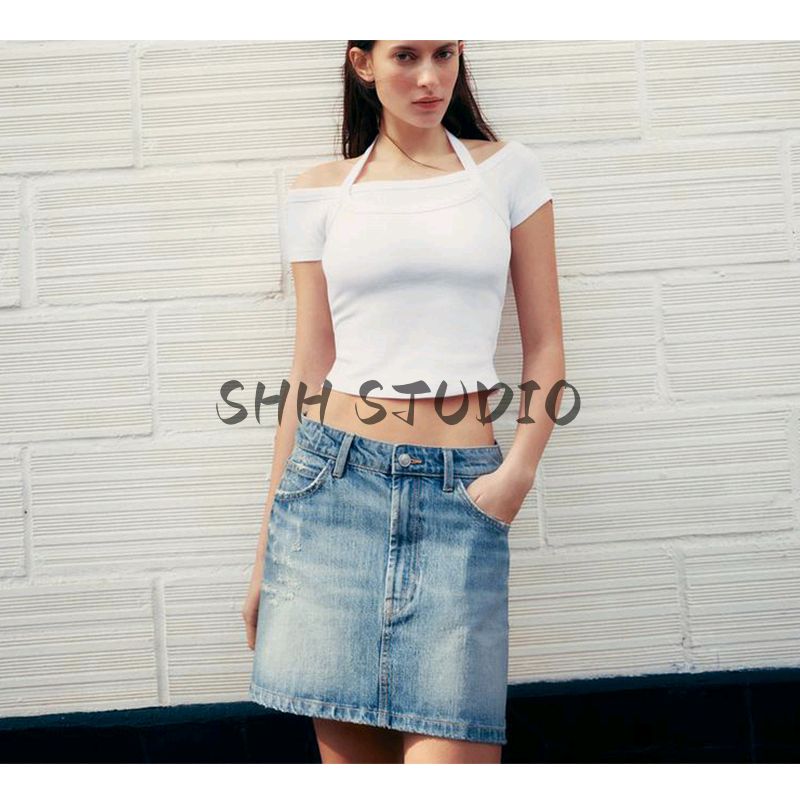 Spring and Summer New Women's Clothing Ins Style Minimalist Cotton Blend Double-Layer Design Boat Neck Short Sleeve Short Top 4174334
