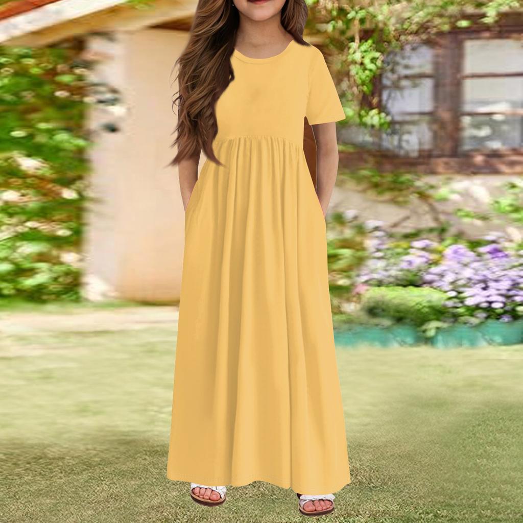 Girls' Long Summer Dress - Short Sleeve Pocket Maxi Dress For 4-14Y