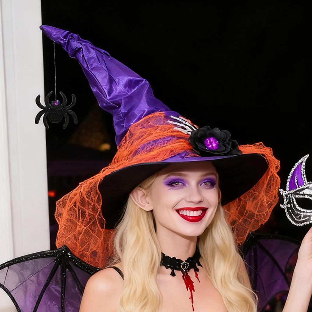 Halloween Witches Hat Pointed Lace Gothic Headdress Retro Finger Bone Black Spider Womens Witch Hat For Prom Masquerade Event