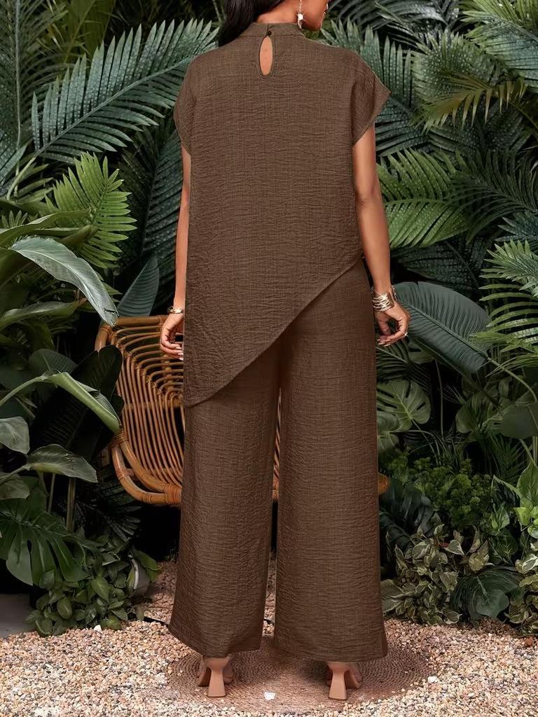 Women's Casual Asymmetrical Hem Two-Piece Set: Solid Color Top and Pants