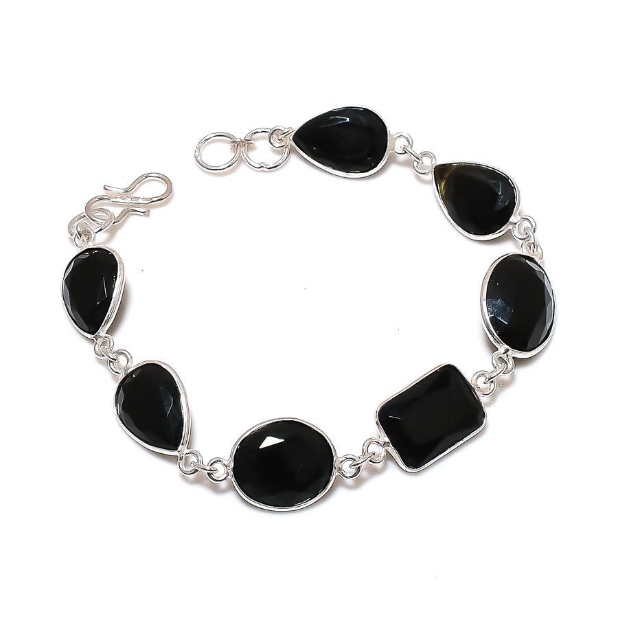Natural Black Spinel Gemstone Handmade 925 Sterling Silver Bracelet 7-8" ASB-3094