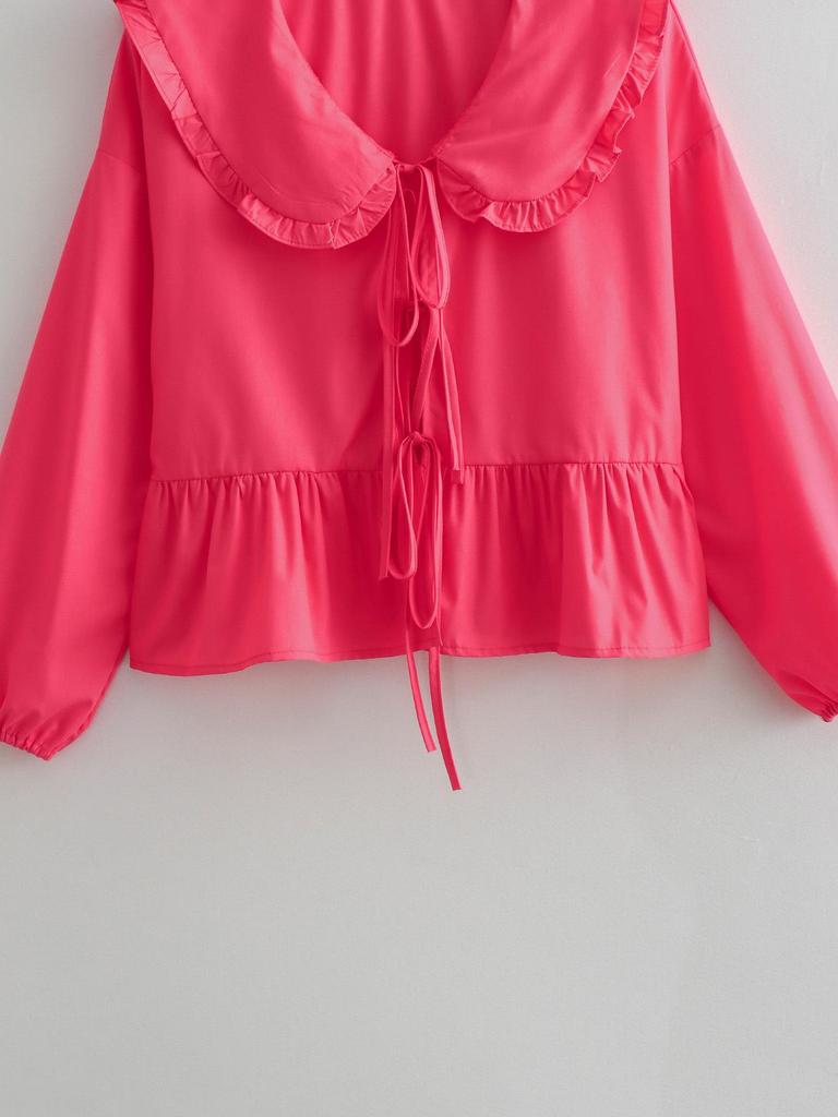 2024 Summer Solid Color Lapel Cardigan Women's Slim Fit Tie Waist Long Sleeve Shirt B63060