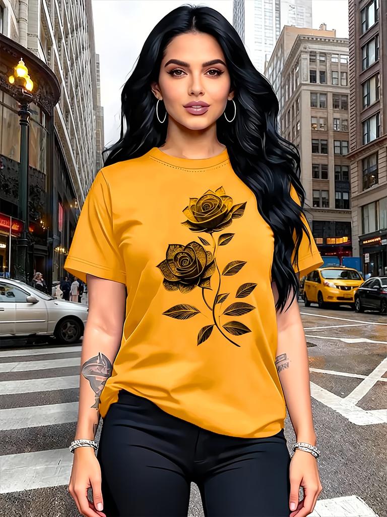 Casual T-Shirt Unique Rose Pattern Print TopRefinedRound Neck Style Breathable And Lightweight Perfect for Spring And Summer