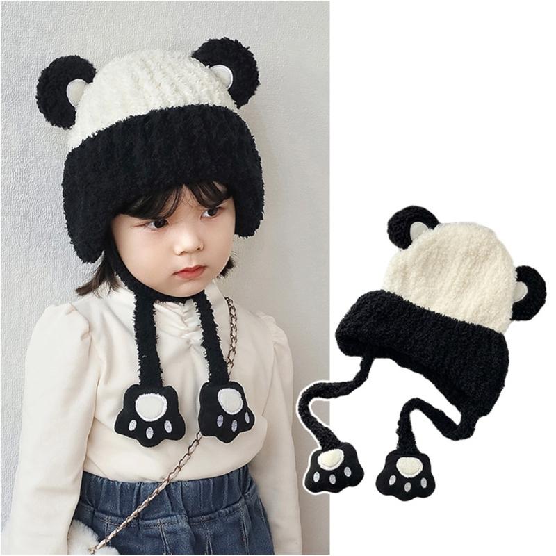 Autumn Winter Warm Hat with Earflap and Chin Strap Ties Cute Cartoon Beanie Cap Soft Bonnet Warm Headwear for Kids