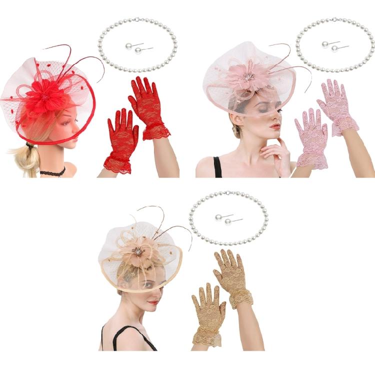 Horse Racing Derby Hat Headwear With Necklace Ear Studs Gloves For Women Formal and Casual Outfit Masquerades Accessory