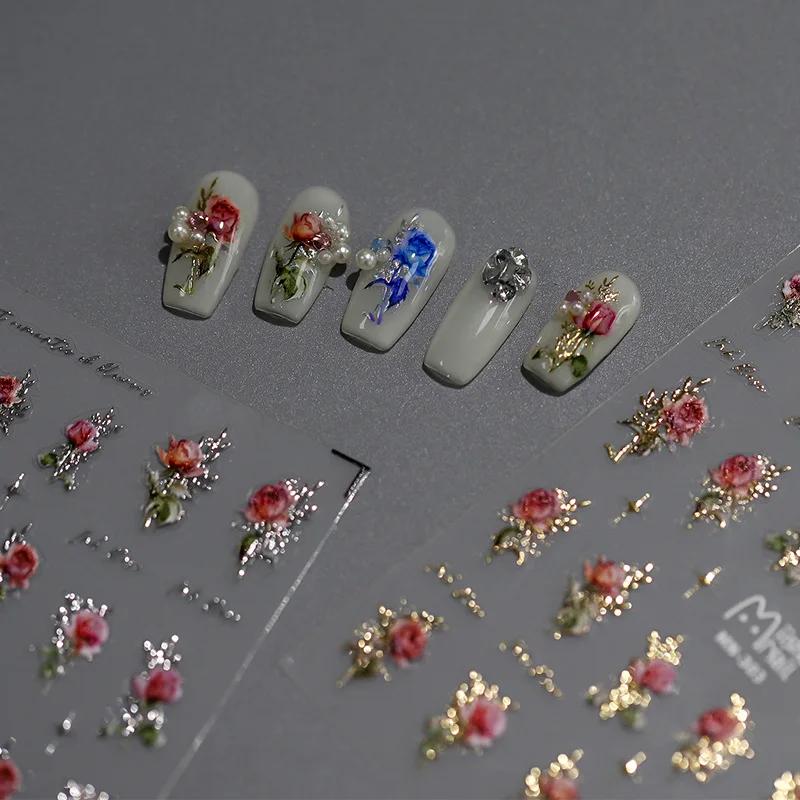 Gold Silver Pink Red Rose Flowers 3D Self Adhesive Nail Art Decorations Stickers High Quality Fashion Manicure Decals