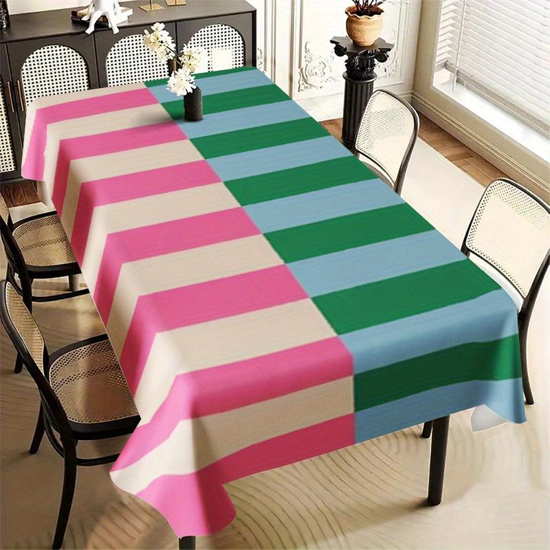 1 Piece Tablecloth - Pink, Blue and Green Horizontal Stripes - Durable and Easy To Clean Polyester Dining Table Cover 100X145cm