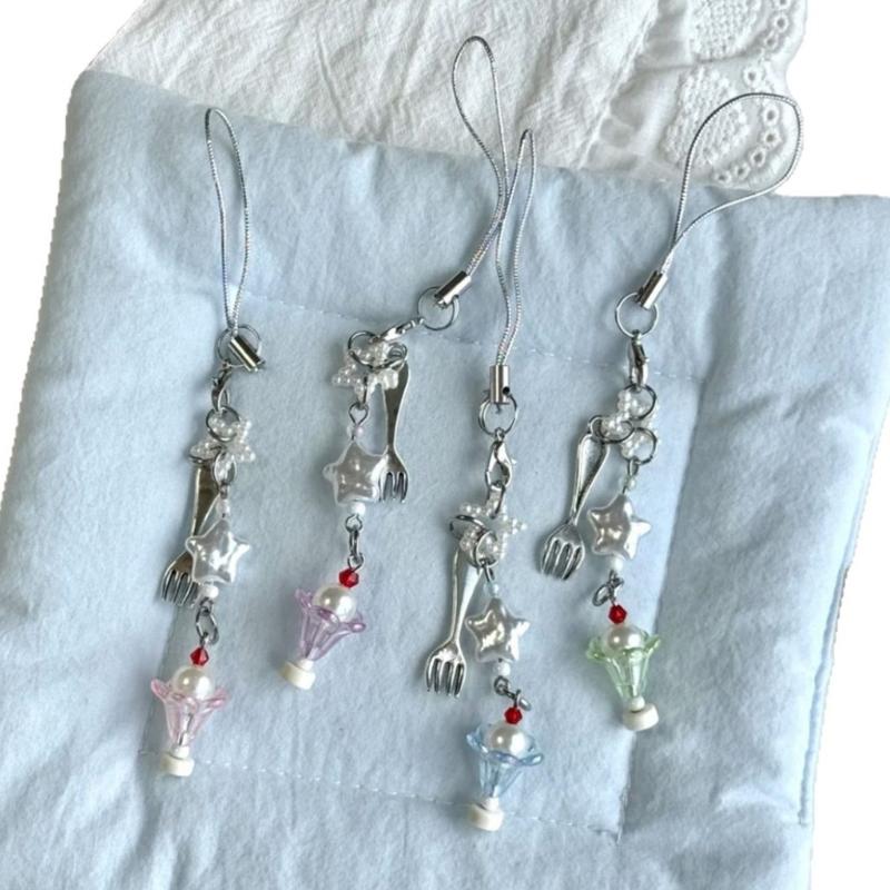 Sweet Dessert Theme Beaded Phone Strap Handmade Resin Charm for Women Girls Lovely Gift Keychain Bag Accessory