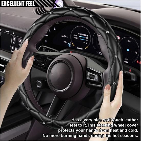 Diamond Soft Leather Bling Steering Wheel Cover, Universal Car Steering Wheel Protector with Crystal Rhinestones, 15 Inch Anti-Slip Interior