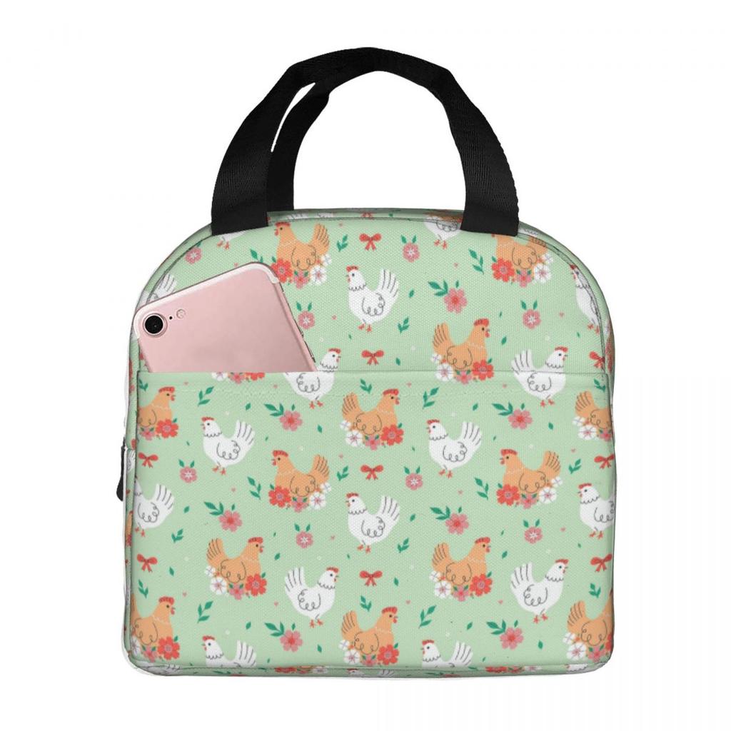 White Chickens And Floral Pattern Insulated Lunch Bag for Women Kids Leakproof Food Boxes Thermal Lunch Box Tote