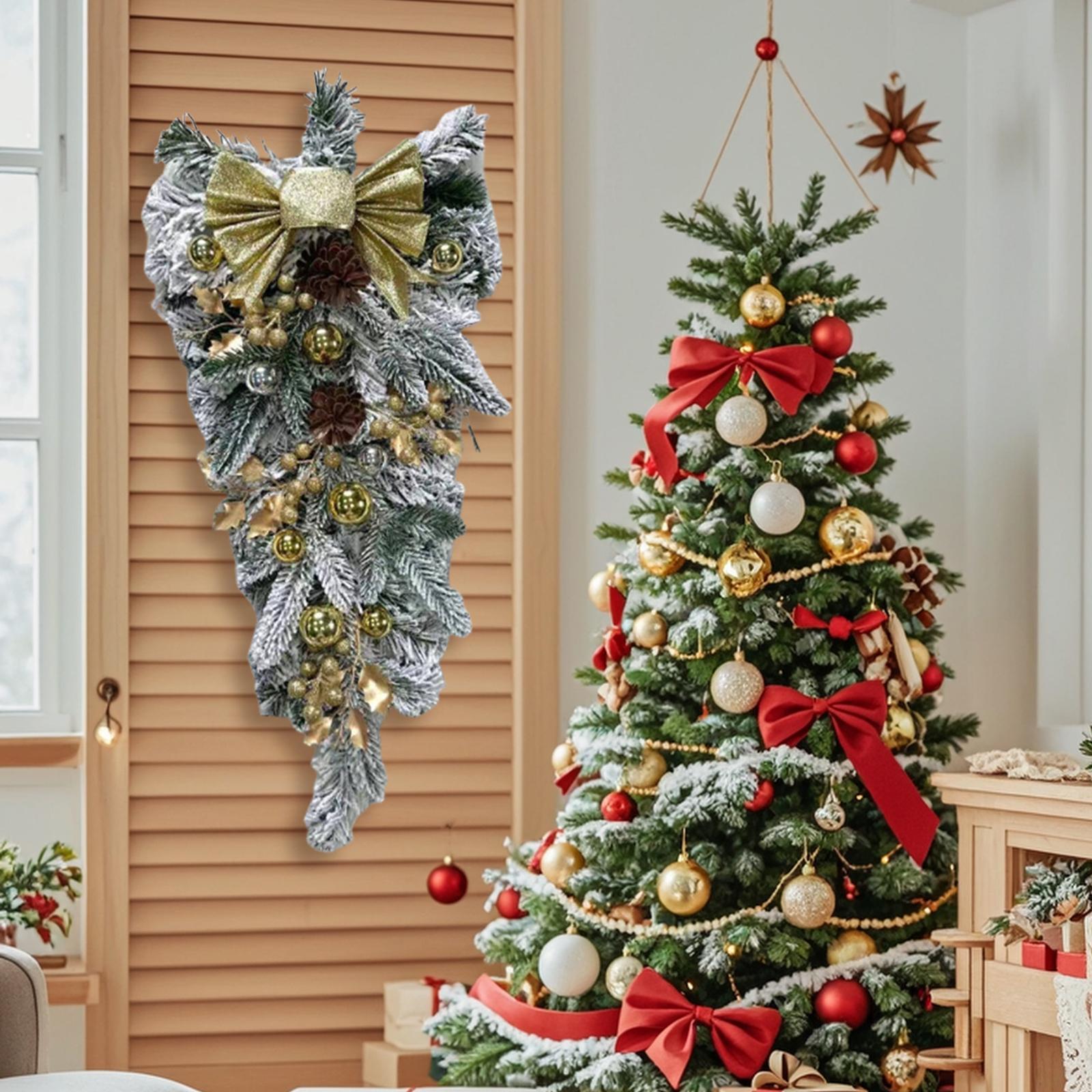Christmas Teardrop Bow Swag Flocked Wreath Realistic Artificial Wreath for Front Door Stairs Holiday Christmas Decoration