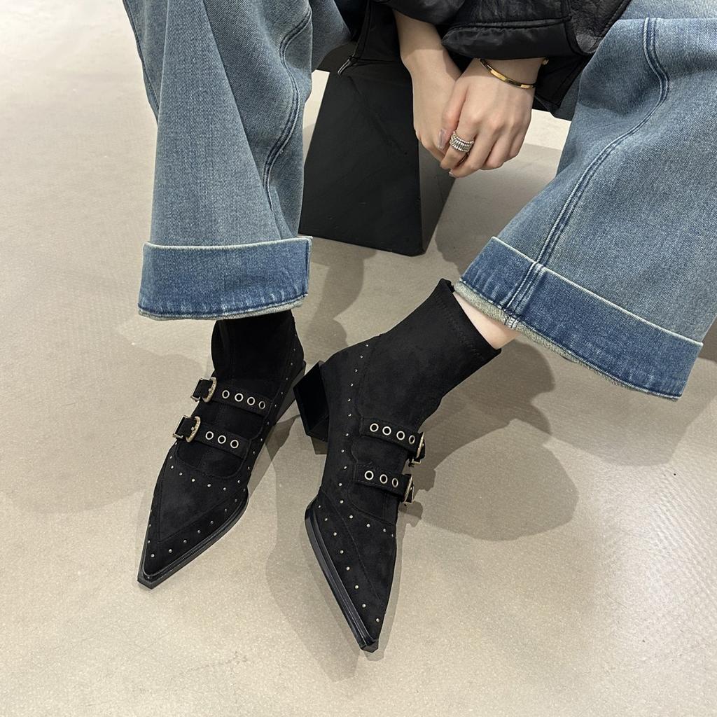 Belt Buckle Suede Pointed Short Boots Women's 2025 Autumn New Thick Heel Sexy Chelsea Boots Fashion Boots Women's Boots