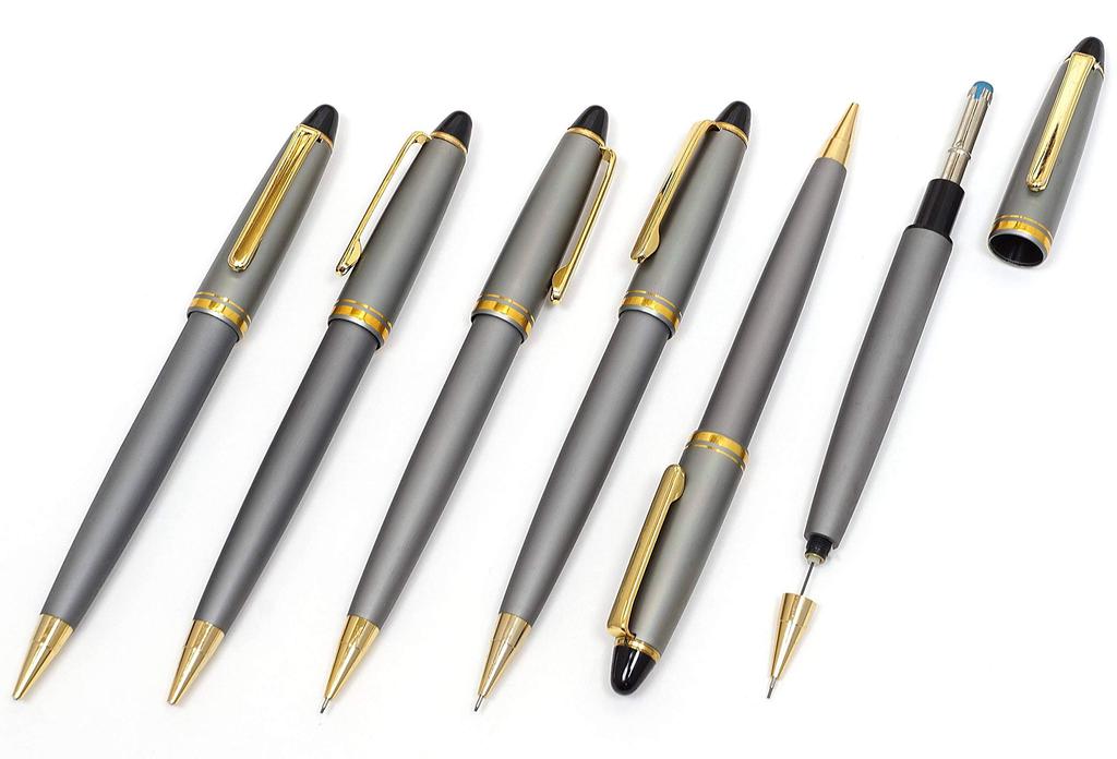 Blue Grained Leather Pen Case, Black Metal Touch Stick, and Neo D-1000 Satin Gray Retro Mechanical Pencil Set (SASL-ALB-1000HS)