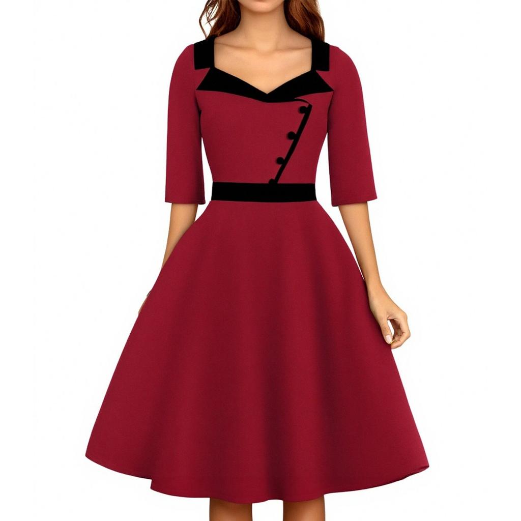 Damen Dreiviertelarm Einfarbig Retro Anzugkragen Midilanges Kleid Mit Großem Schwingrock