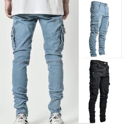 Jeans da Uomo Cargo Pantaloni Monocolore Multi-tasche Vestibilità Slim Casual