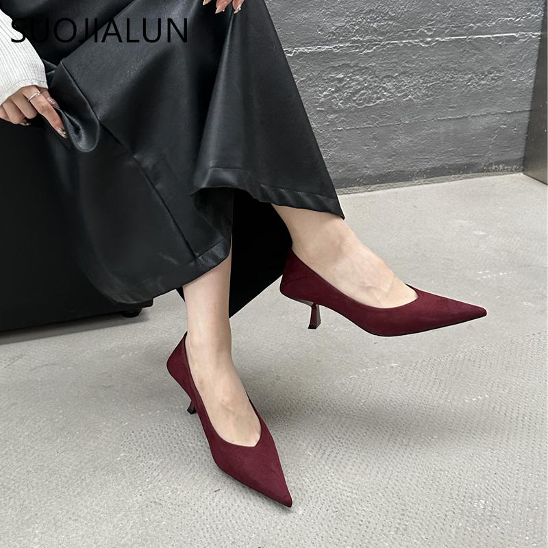 Fashion SUOJIALUN 2024 Autumn Pointed Toe Women Sexy Shallow Slip On Pumps Shoes Fashion Thin High Heel Ladies Elegant Dress Boat Shoes