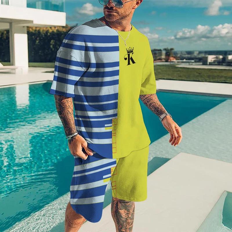 Summer Men's 3D Printed Striped Sports Suit Fashion Versatile Trend Casual Breathable