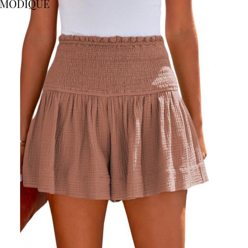 

MODIQUE 2025 Новые горячие женские повседневные льняные однотонные брюки с высокой талией и складками три четверти, женские свободные базовые эластичные широкие шорты XXL