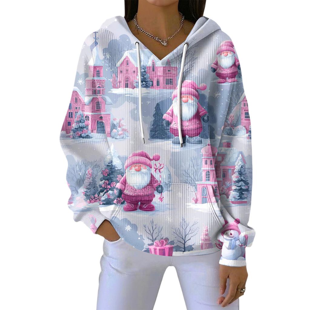 Dame Løs Komfortabel Casual Mote V-Hals Juleprint Langermet Hettegenser