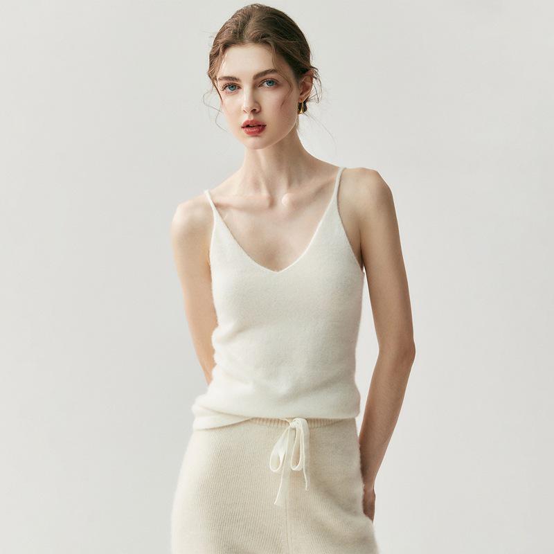 Women's V-Neck Slim Fit Cashmere Knit Spaghetti Strap Vest - Autumn/Winter 2026 Base Layer Top