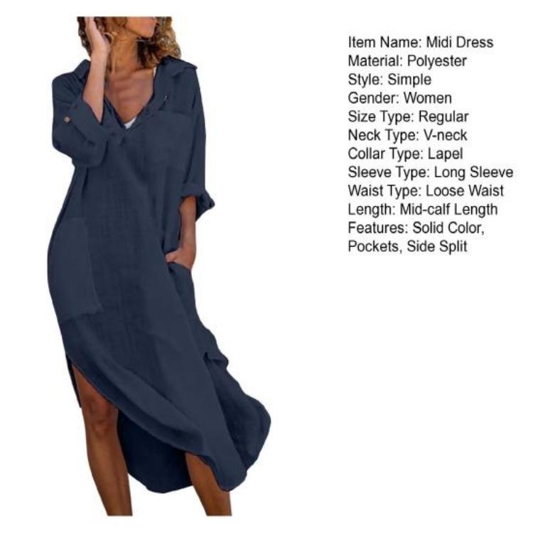 Summer Beach Dress Women Loose Fit V Neck Lapel Midi Dress Solid Color with Pockets Side Split Thin Holiday Shirt Dress