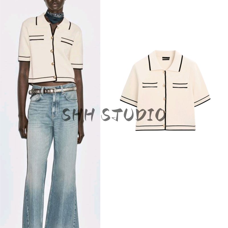 MD Autumn New Women Clothes Graceful Gold Cotton Polo Collar Short Sleeve Knitted Cardigan 5766575