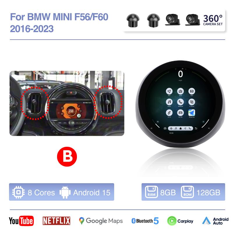 Android 15 For BMW Mini Cooper F56 F60 2016-2025 OLD TO NEW Auto Carplay Car GPS Navigation Stereo Multimedia Player 360 tools