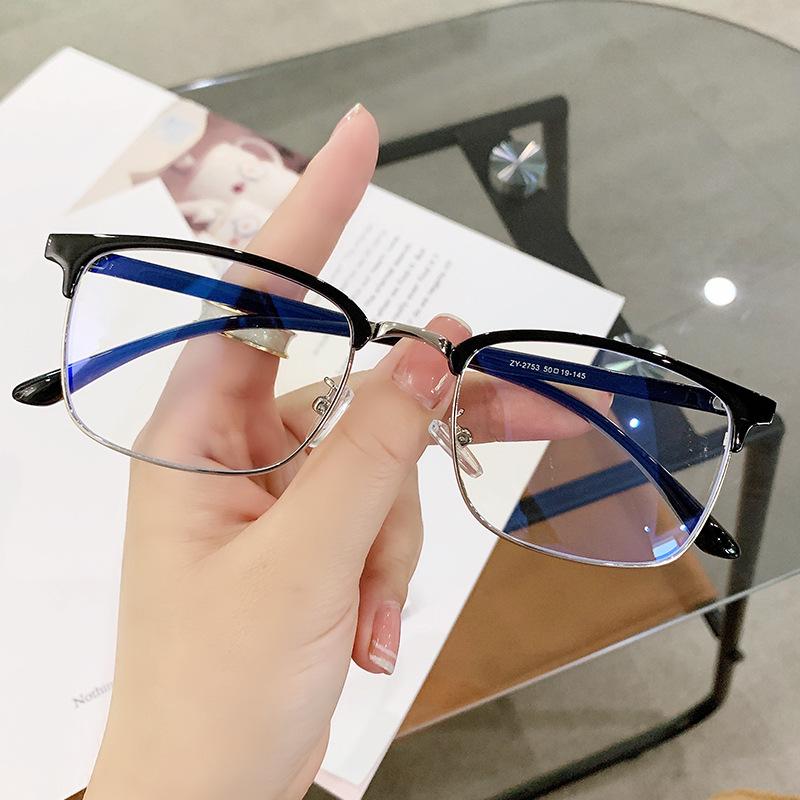 Vintage Half-Frame Metal Glasses Frame Men S Business Square Anti-Blue Flat Mirror Tr90 Eyebrow Myopia Glasses Frame anti-blue lens