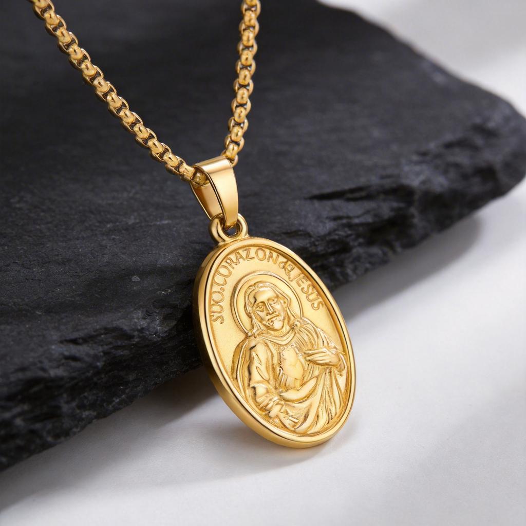 Vnox Double Side Virgin Mary Pendant Necklace, Gold Color Stainless Steel Box Chain, Trendy Religious Jewelry Gift for Women Men
