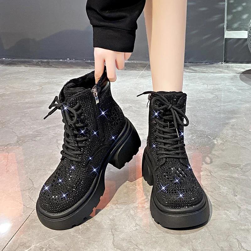 Sequin Diamond Short Boots Women  Autumn Winter Luxury Fashion High Top Thick Heel Lace Up Boots Outdoor Party Casual Shoes