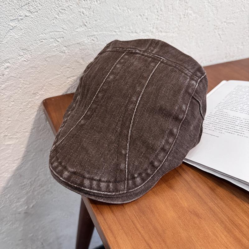 

American Retro Brown Washed Old Denim Forward Hat Women s New Face Peaked Cap Bere Newsboy Hat single code коричневый