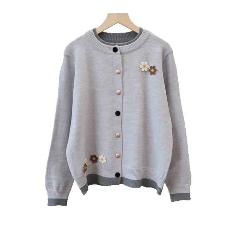 Three-dimensional Flower Crew Neck Knitted Cardigan Women's Autumn and Winter New Loose and Versatile Color Matching Sweater Jacket