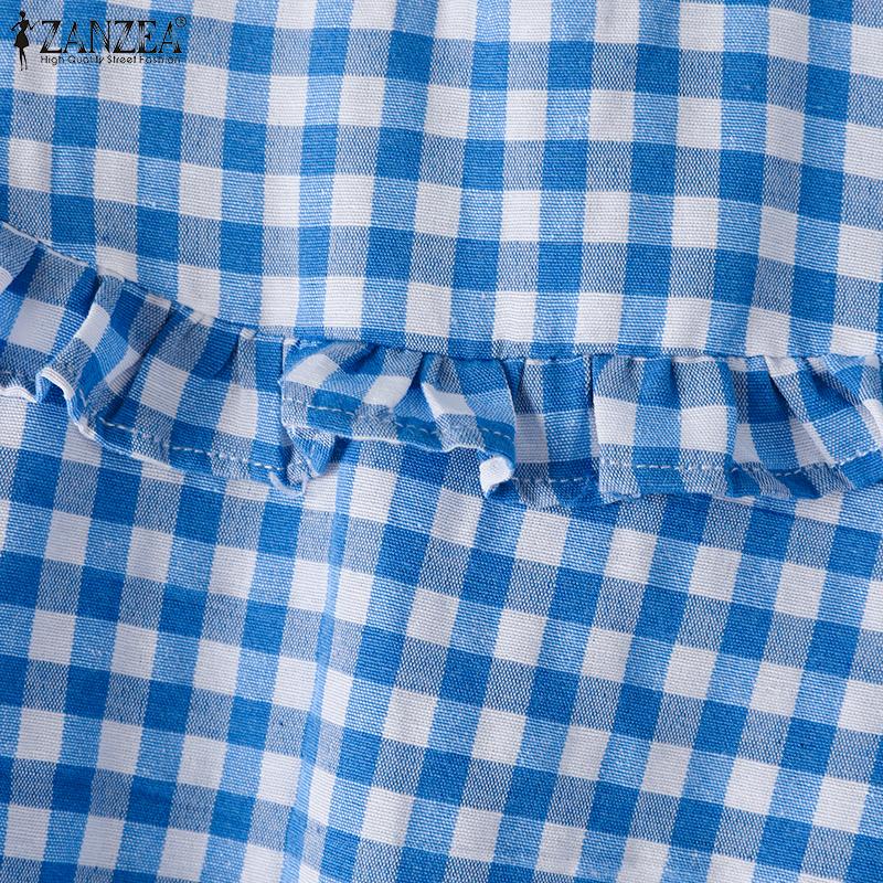 ZANZEA Women Summer Round Neck 3/4 Sleeve Plaid Blouses