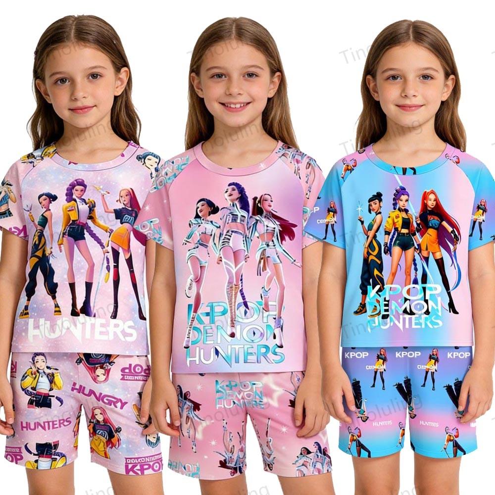 Zomer Kinder Pyjamaset Kpop Demon Hunters Bedrukt Kinder O-hals Korte Mouw Tops Shorts 2 Stuks Zomer Meisjes Casual T-shirt Sets