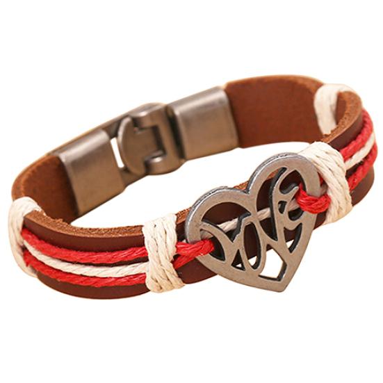 Lover Couple Hollow Love Heart Knitted Leather Bangle Alloy Cuff Buckle Bracelet