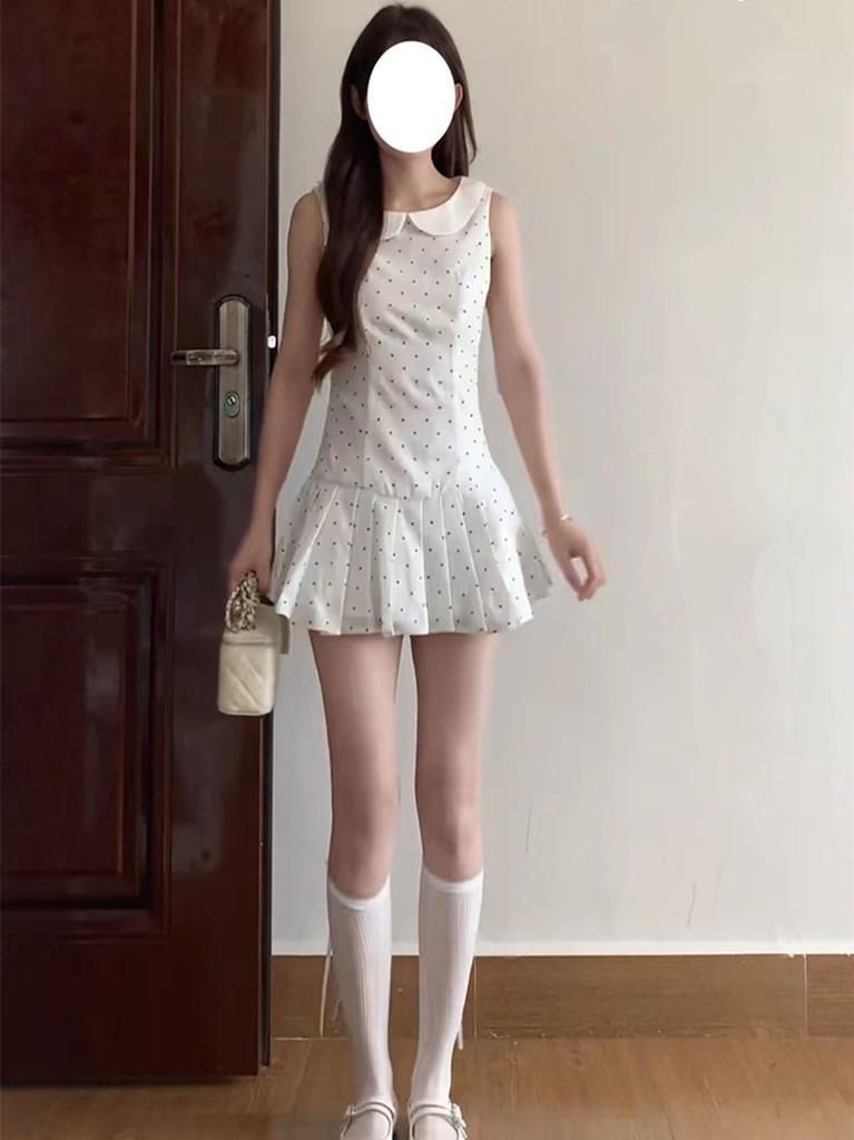 Spring and summer sweet wind white polka dot doll collar dress women's summer new sleeveless design women's A-word short skirt