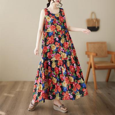 DIMANAF Plus Size Dress Summer Women Vintage Linen Elegant Style Sleeveless Floral Loose New Long Dress 8026
