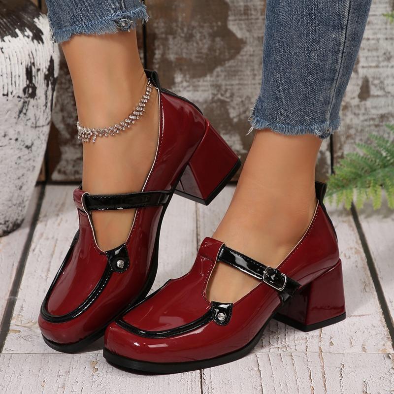 Fashion Fashion One Strap Single Shoes Summer New Round Toe Middle Buckle Rivet Metal Buckle Colorblock Square Heel High Heels