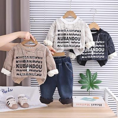 Jungen Langarm 2-teiliges Set, Kinder Herbst- und Winterfleece-Hoodie+Denimhose Set, Kinder gutaussehende Kleidung