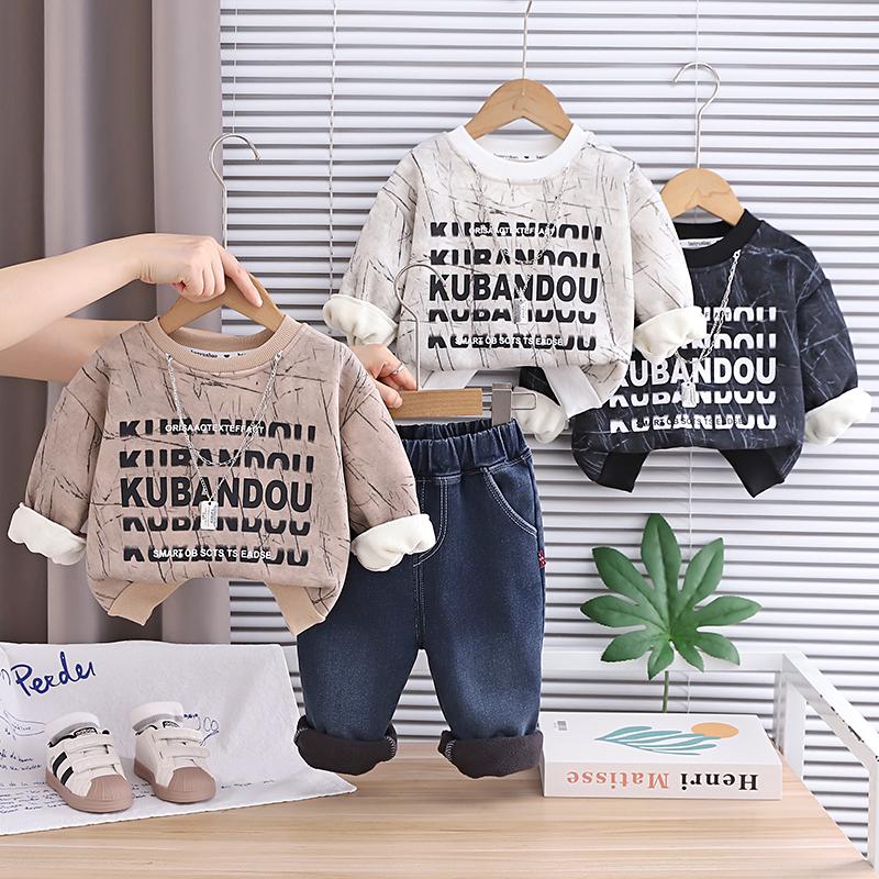 Boys' long sleeved 2-piece set, children's autumn and winter fleece hoodie+denim pants set, children's handsome clothes
